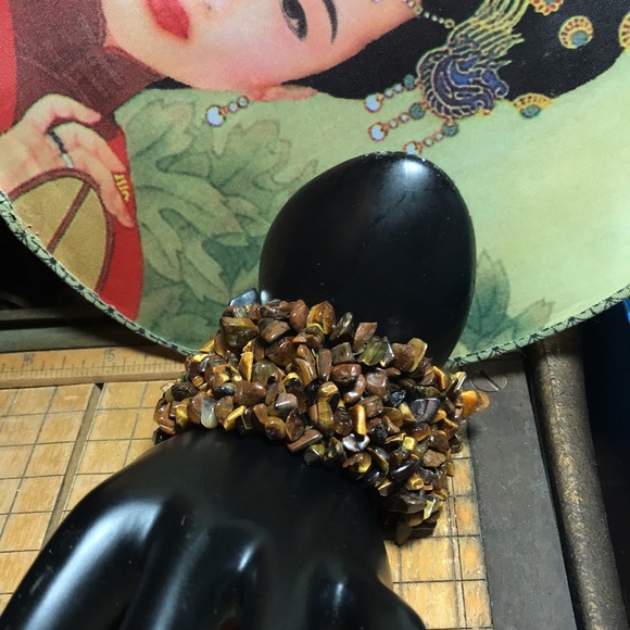 Semiprecious Tigers Eye Stone Crystal Wide 1.5” Band Bracelet 7”L Elastic EVC - Picture 3 of 10